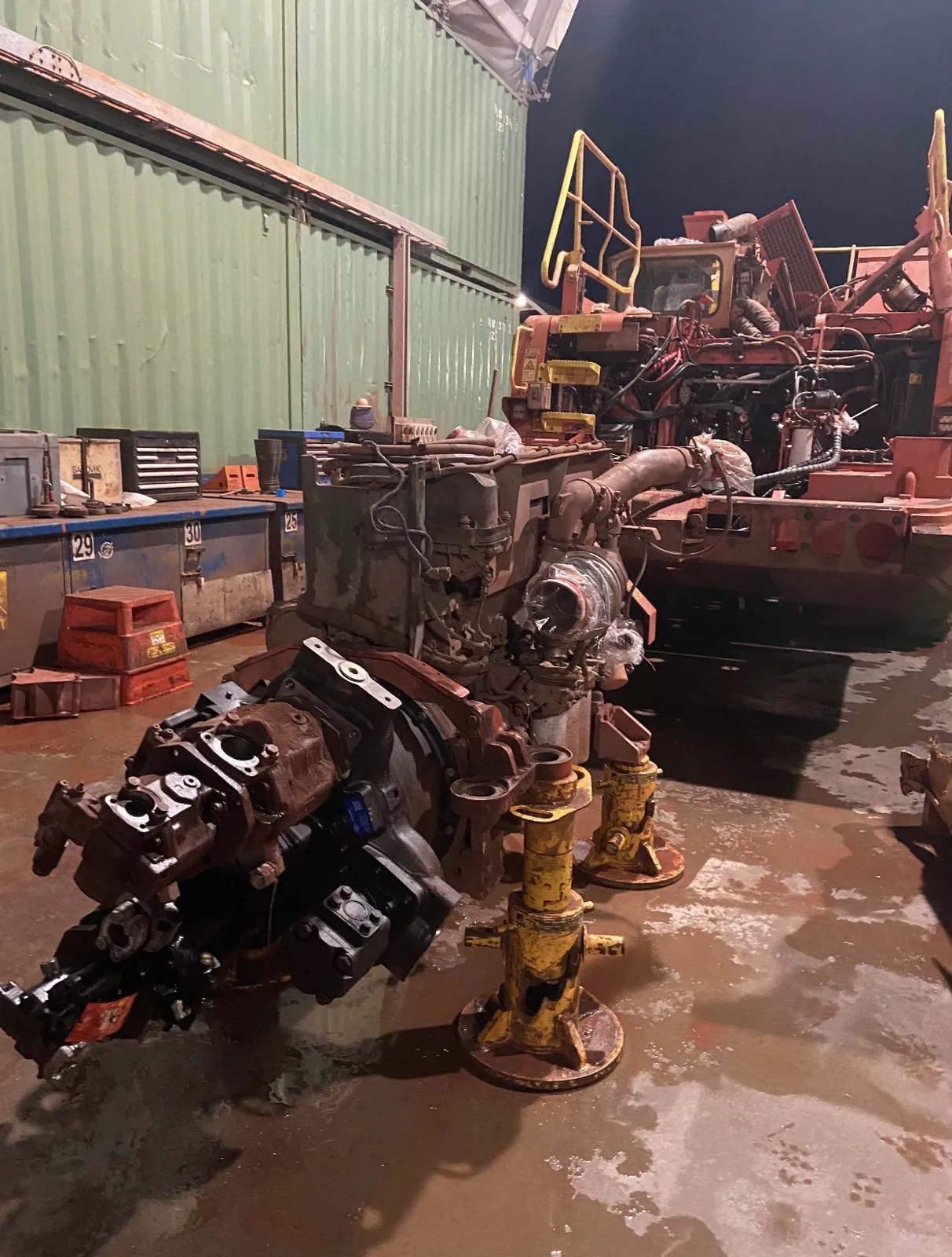 Engine components on the floor